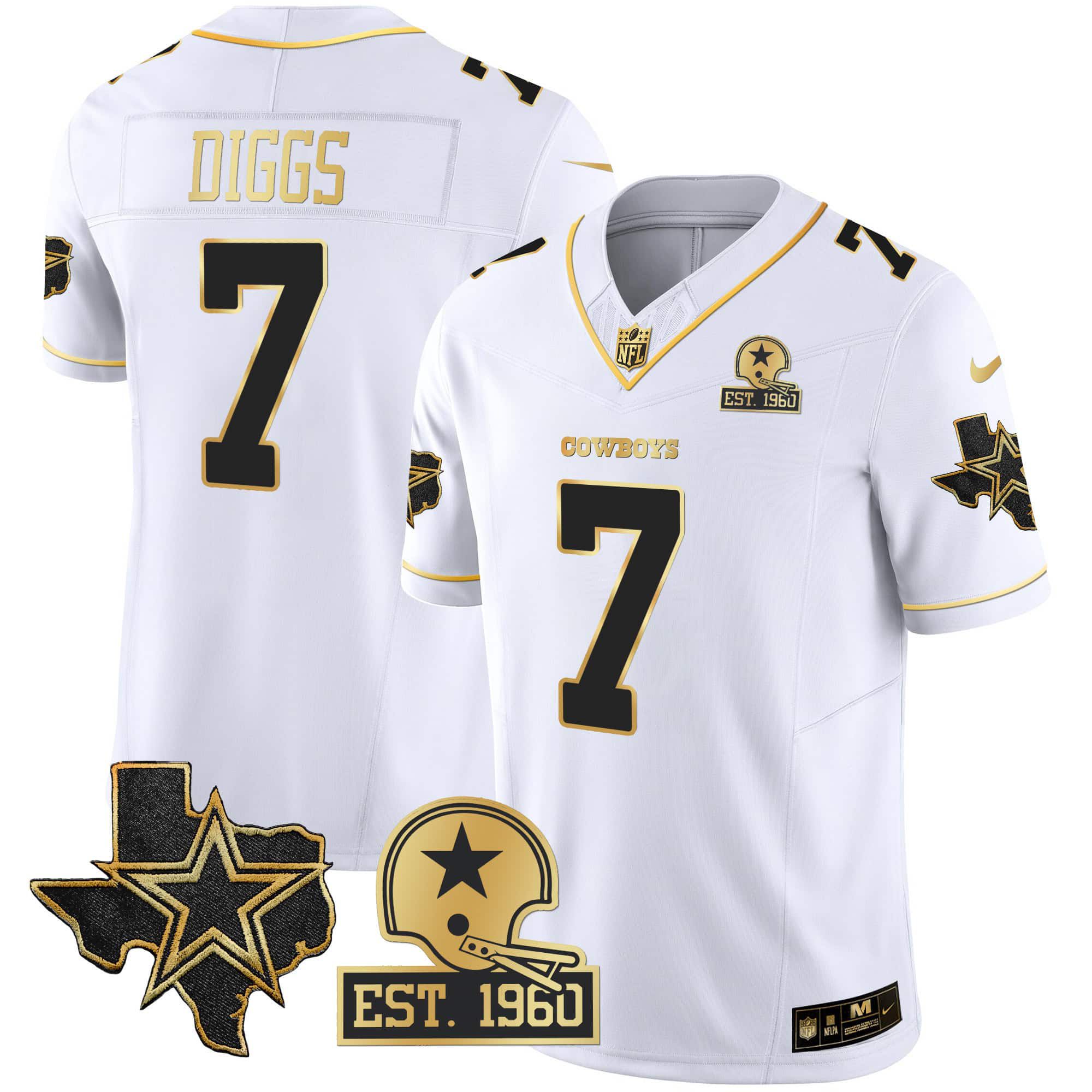 Men Dallas Cowboys #7 Diggs White Gold 2024 Nike Patch Vapor NFL Jersey